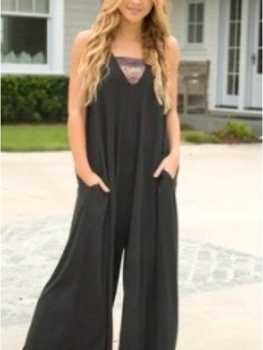 NATURAL LIFE Charcoal Wide-Leg, V-Neck Sleeveless Jumpsuit with Pockets